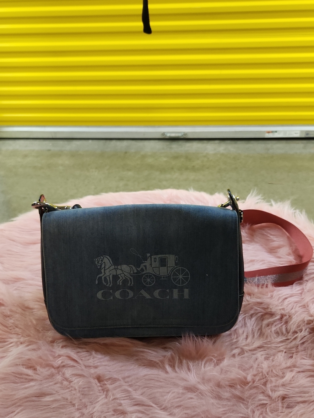 COACH Denim-Effect Crossbody Bag with Pink Strap